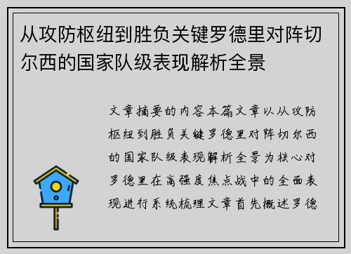 从攻防枢纽到胜负关键罗德里对阵切尔西的国家队级表现解析全景 从攻防枢纽到胜负关键罗德里对阵切尔西的国家队级表现解析全景